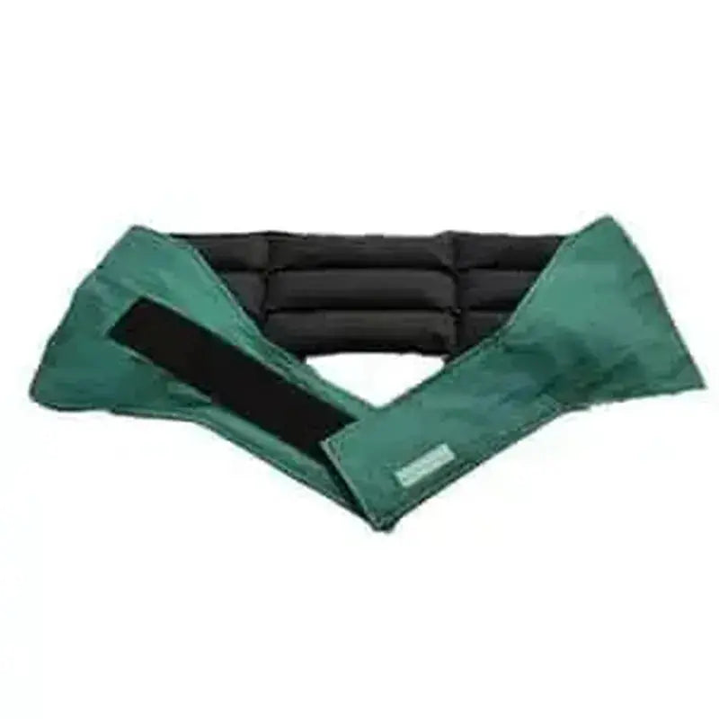 Green waist wheat bag opened flat with velcro strap, designed for lower back and period pain relief
