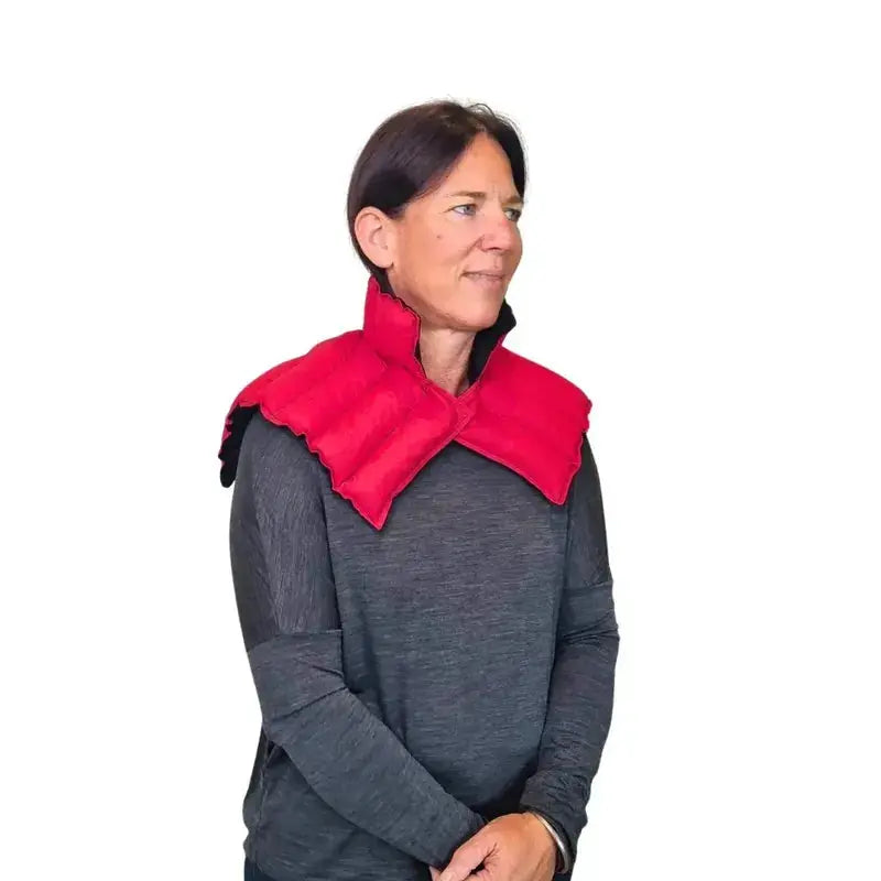 Model wearing red neck & shoulder wheat bag front view