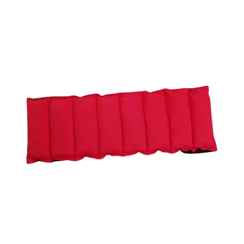 Red waist wheat bag laid flat, showing stitched segments for even heat distribution and lower back or period pain relief