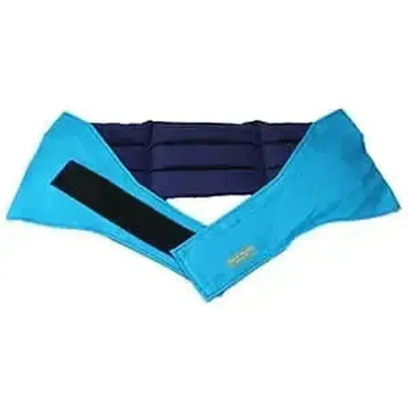 Turquoise waist wheat bag opened flat with velcro strap, designed for lower back and period pain relief
