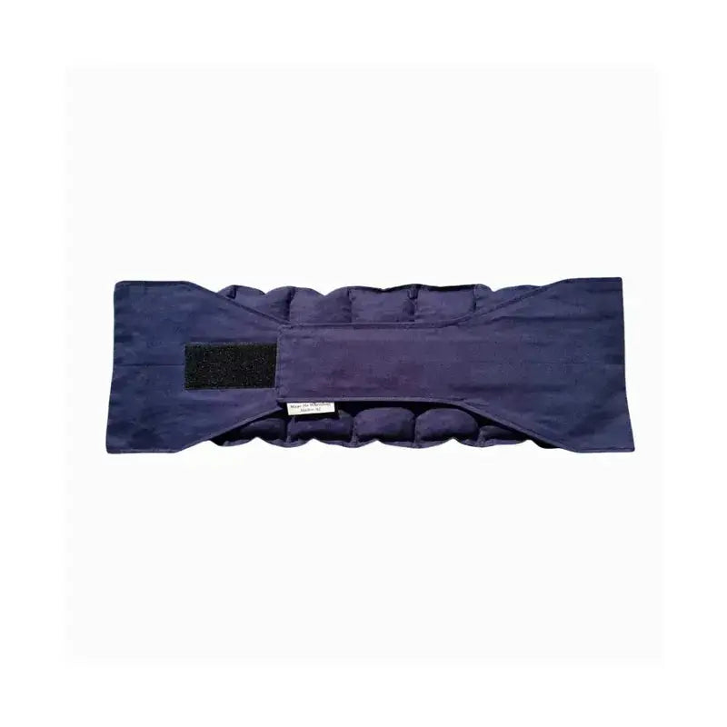 Navy waist wheat bag with velcro strap fastened, designed for lower back and period pain relief