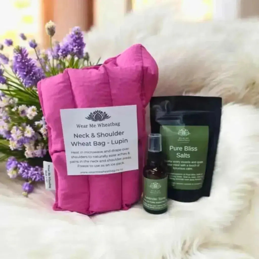 Neck and shoulder wheat bag gift pack - includes neck and shoulder wheat bag, lavender spray and lavender bath salts