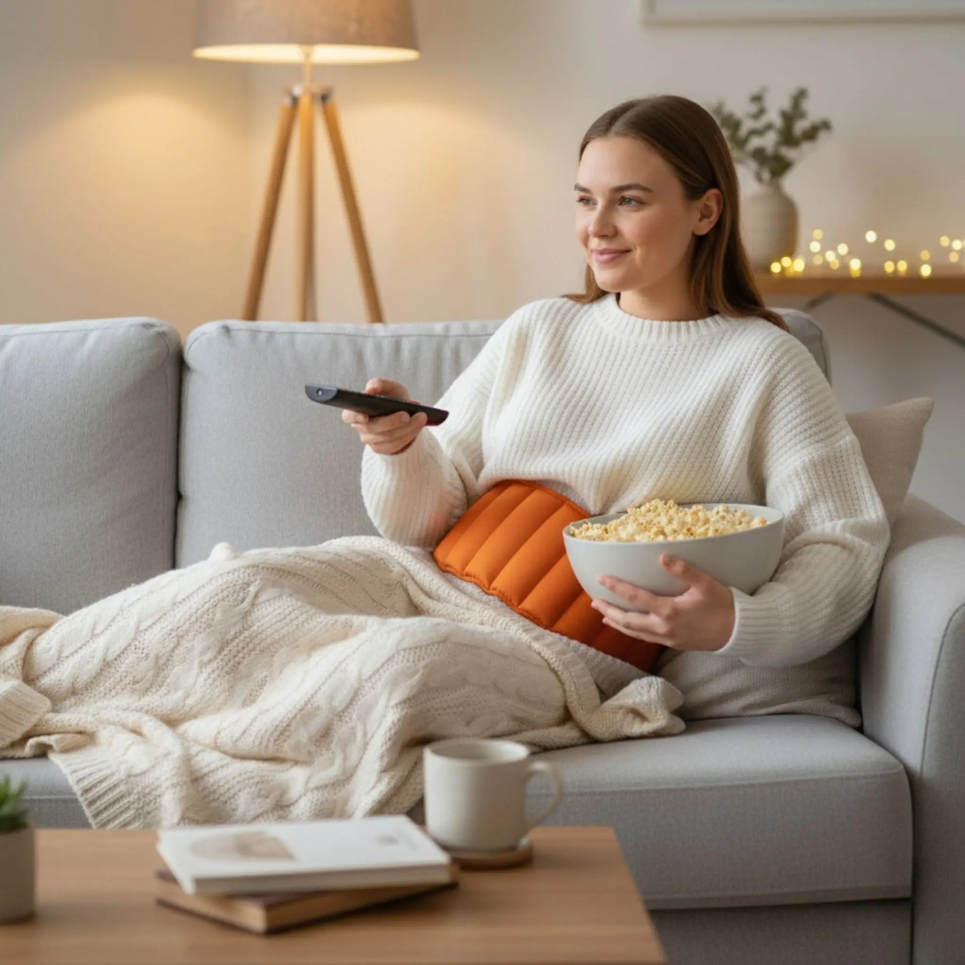 Lady on couch wearing waist wheat bag
