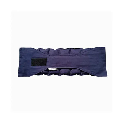 Navy waist wheat bag with velcro strap fastened, designed for lower back and period pain relief